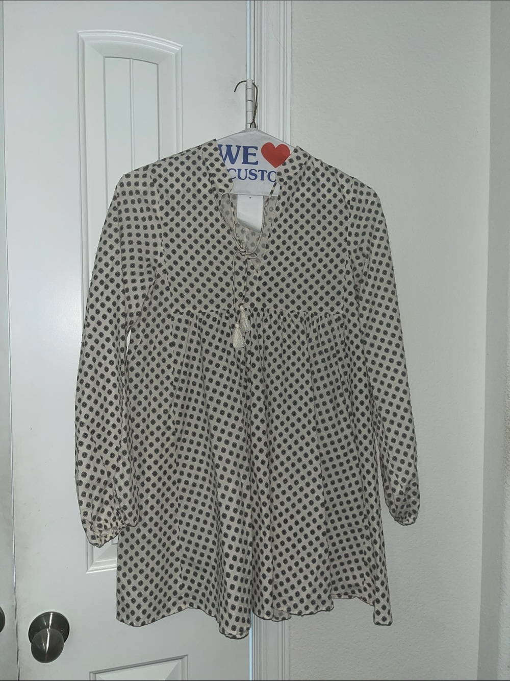 Divided CreamTunic with Black Dot Print and Tassel Tie